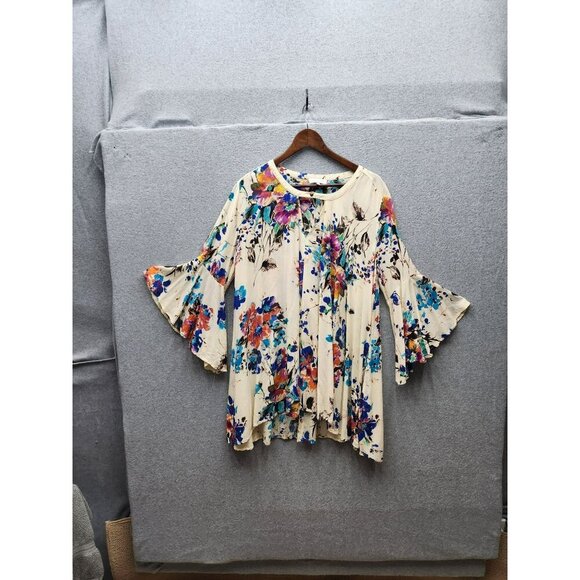 Grace & Lace Womens Large Floral Bell Sleeve Tunic Top 100% Rayon - Picture 1 of 6